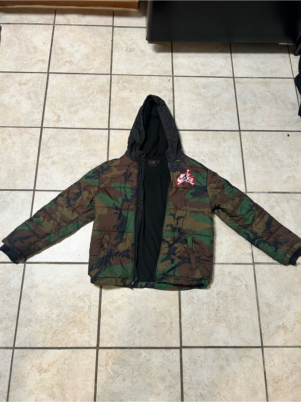 Jordan Camo Puffer Jacket in Green and Brown with Black Hood